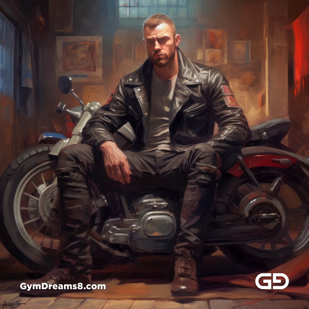 Leather and Harley. Men in Leather with Harley-Davidson bikes. Oil paintings. Midjourney v5.