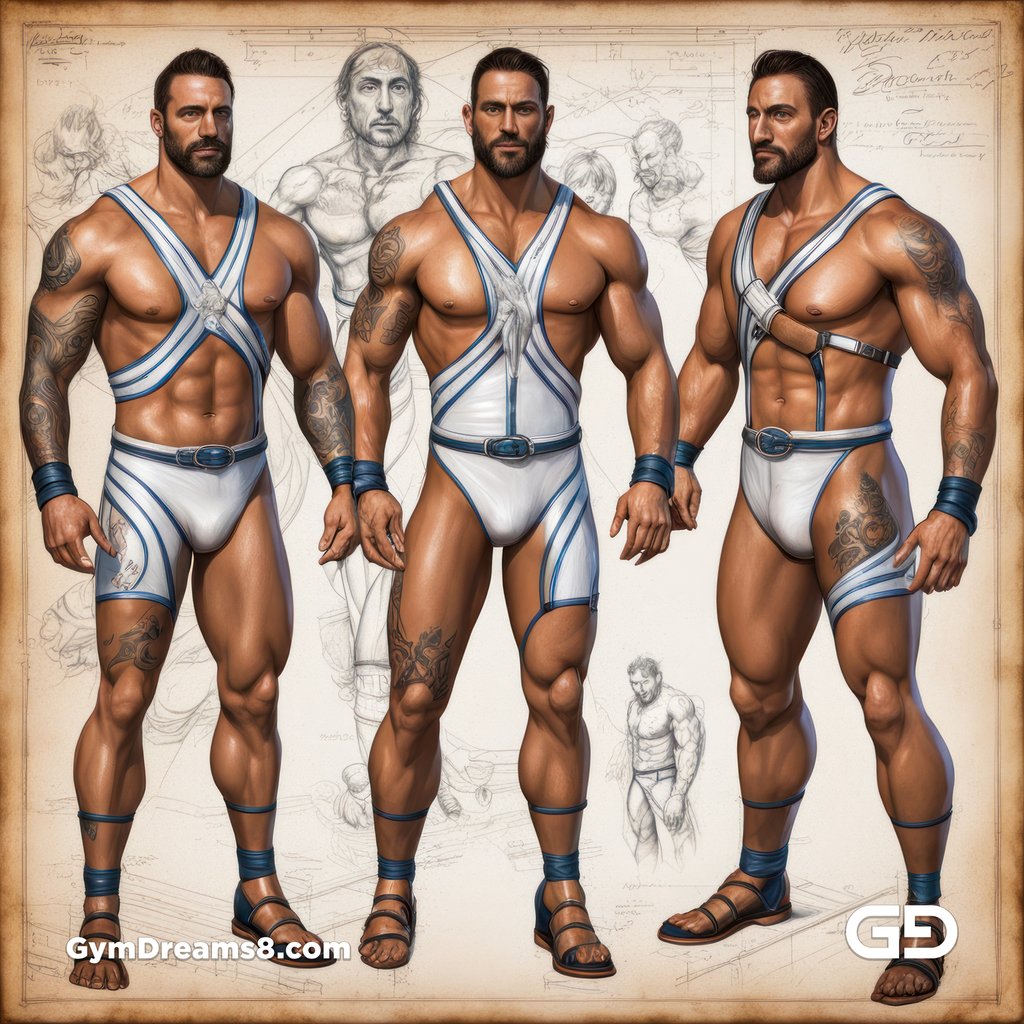 Leather Singlet. Mixed media. Oil over annotated mechanical blueprints, inspired by Leonardo Da Vinci. Stable Diffusion with SDXL.