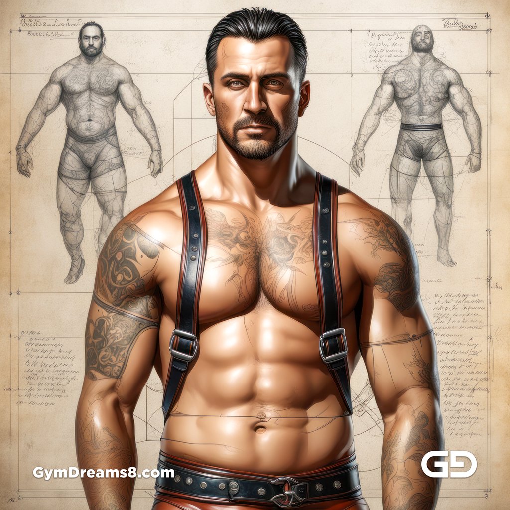 Leather Singlet. Mixed media. Oil over annotated mechanical blueprints, inspired by Leonardo Da Vinci. Stable Diffusion with SDXL.