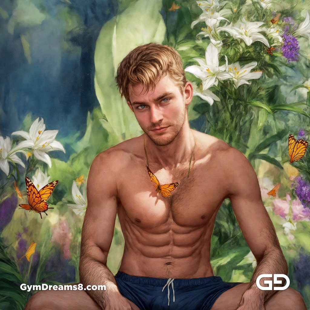 Lilies and Butterflies. Twunk in a garden filled with lilies and butterflies. Stable Diffusion and Virile Fantasy.