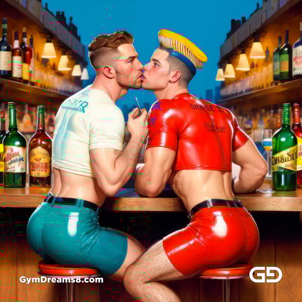 Liquor Poster - Kiss. Bold saturated colors, Mid-century design, latex shorts. Stable Diffusion with Virile Fusion and Airfuck’s Wild Mix.