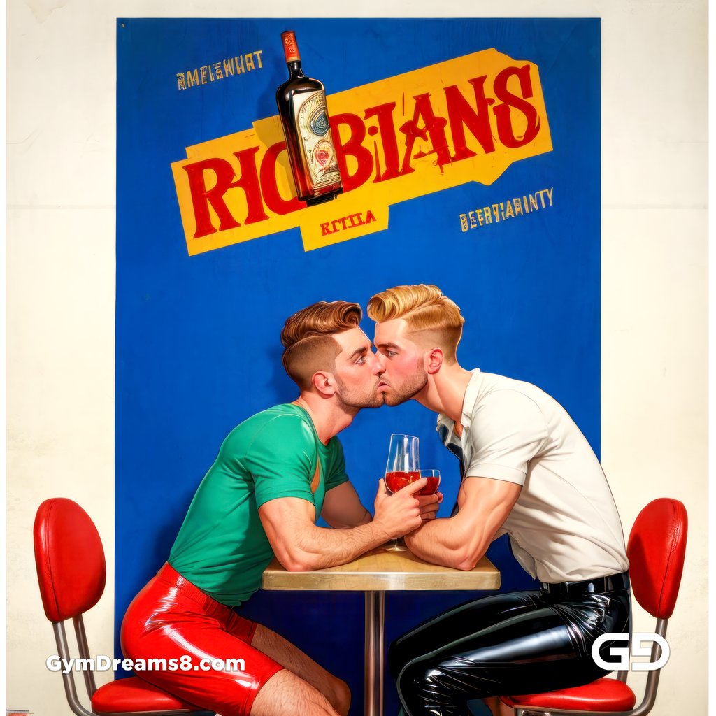 Liquor Poster - Kiss. Bold saturated colors, Mid-century design, latex shorts. Stable Diffusion with Virile Fusion and Airfuck’s Wild Mix.