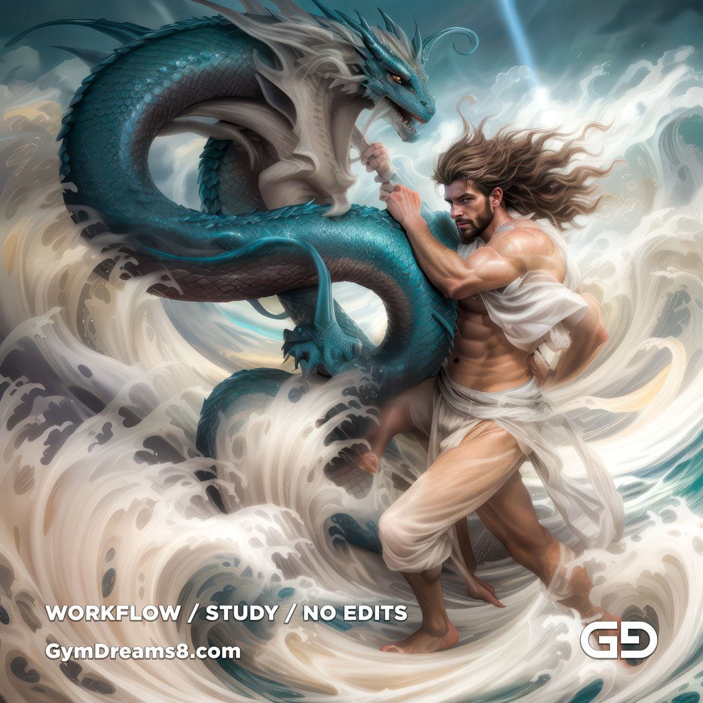 Young Poseidon wrestling a sea dragon. Photorealistic paintings, Stable Diffusion with Airfuck’s Brute Mix and Line Art Control Net.