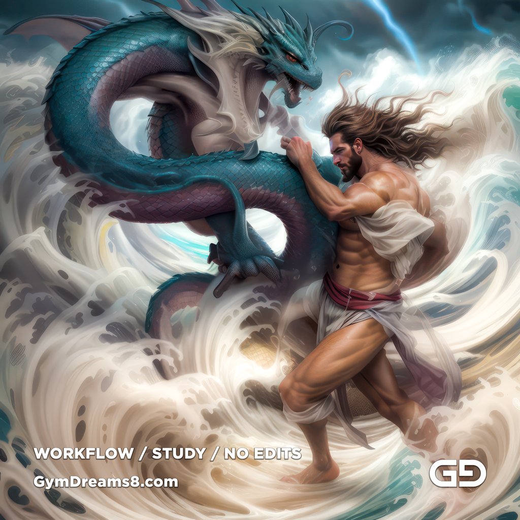 Young Poseidon wrestling a sea dragon. Photorealistic paintings, Stable Diffusion with Airfuck’s Brute Mix and Line Art Control Net.