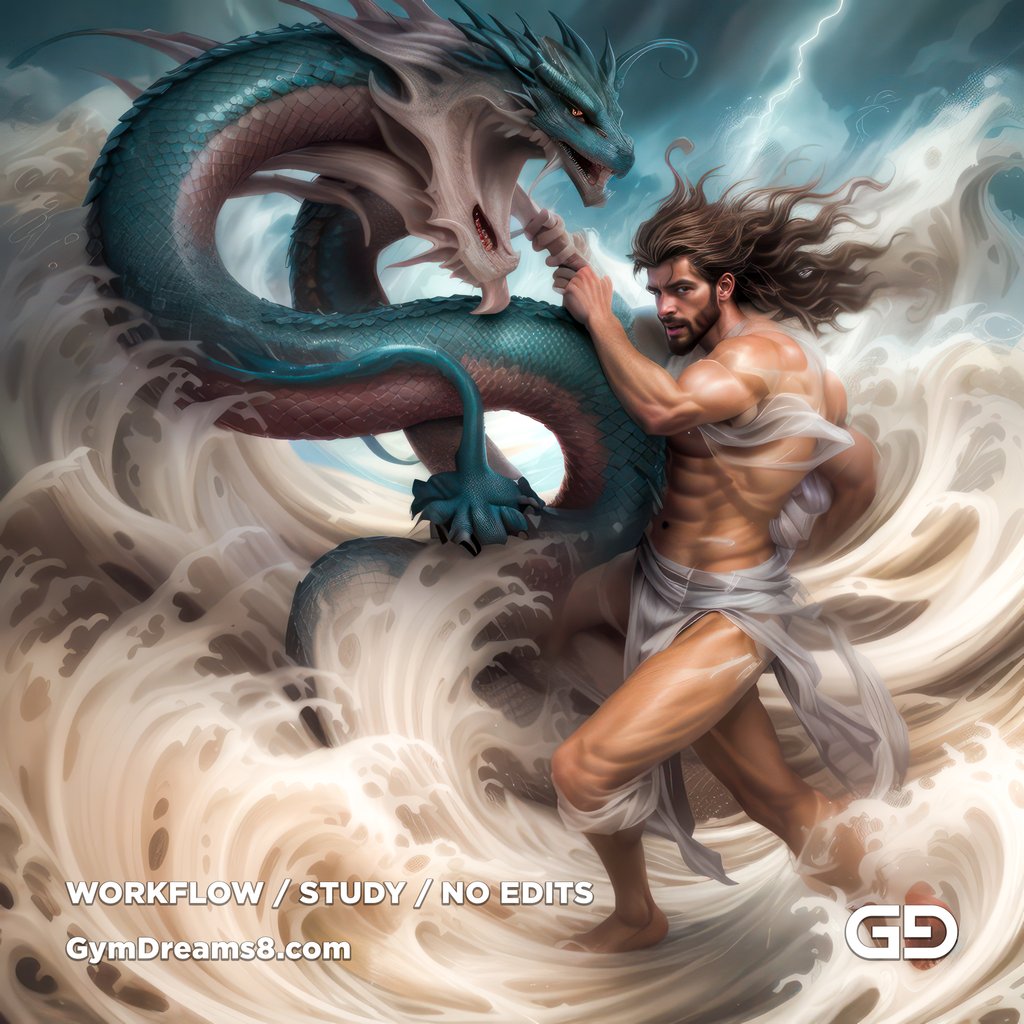 Young Poseidon wrestling a sea dragon. Photorealistic paintings, Stable Diffusion with Airfuck’s Brute Mix and Line Art Control Net.