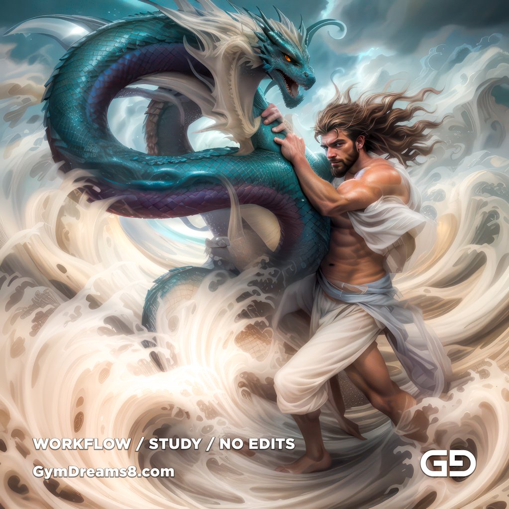 Young Poseidon wrestling a sea dragon. Photorealistic paintings, Stable Diffusion with Airfuck’s Brute Mix and Line Art Control Net.