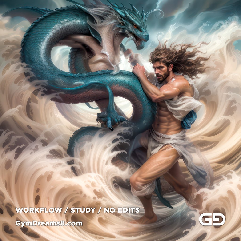 Young Poseidon wrestling a sea dragon. Photorealistic paintings, Stable Diffusion with Airfuck’s Brute Mix and Line Art Control Net.