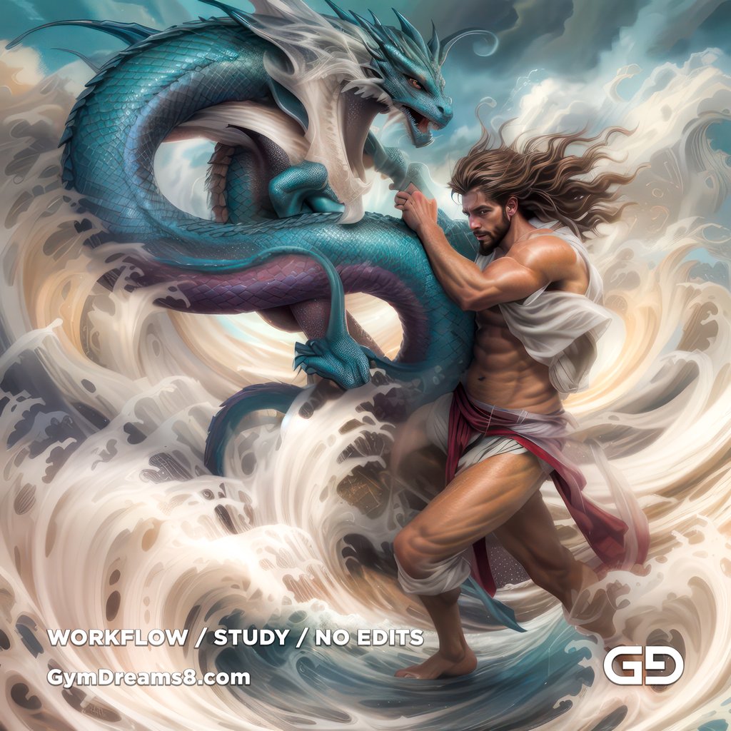 Young Poseidon wrestling a sea dragon. Photorealistic paintings, Stable Diffusion with Airfuck’s Brute Mix and Line Art Control Net.