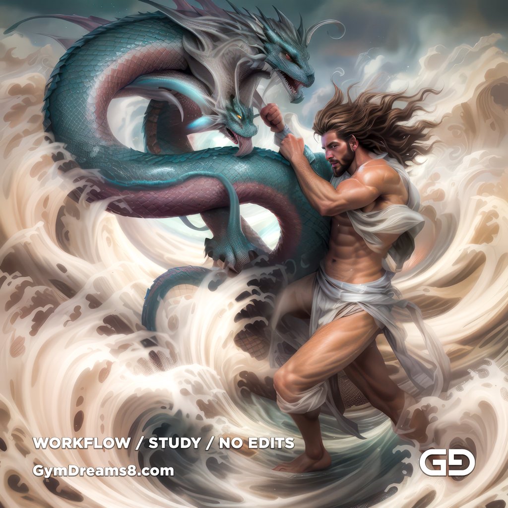 Young Poseidon wrestling a sea dragon. Photorealistic paintings, Stable Diffusion with Airfuck’s Brute Mix and Line Art Control Net.
