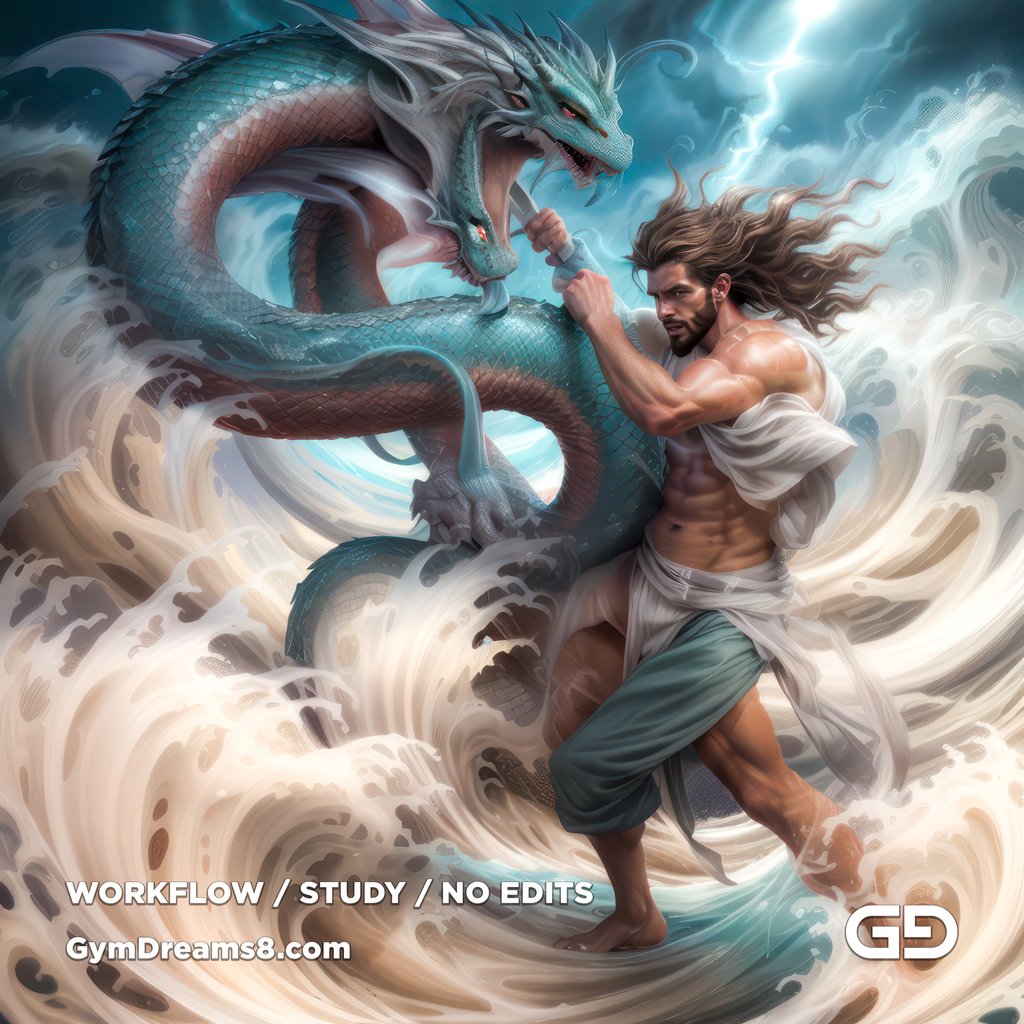 Young Poseidon wrestling a sea dragon. Photorealistic paintings, Stable Diffusion with Airfuck’s Brute Mix and Line Art Control Net.