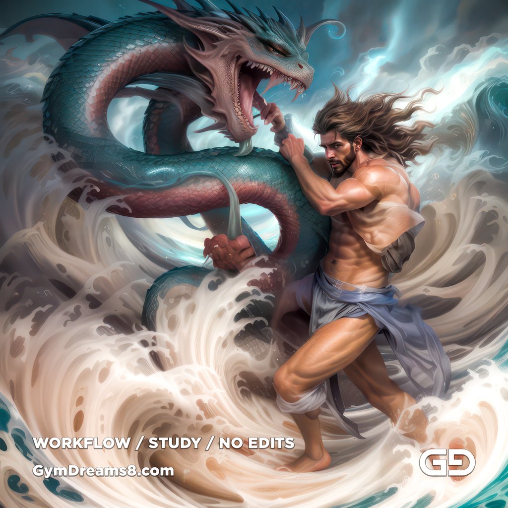 Young Poseidon wrestling a sea dragon. Photorealistic paintings, Stable Diffusion with Airfuck’s Brute Mix and Line Art Control Net.