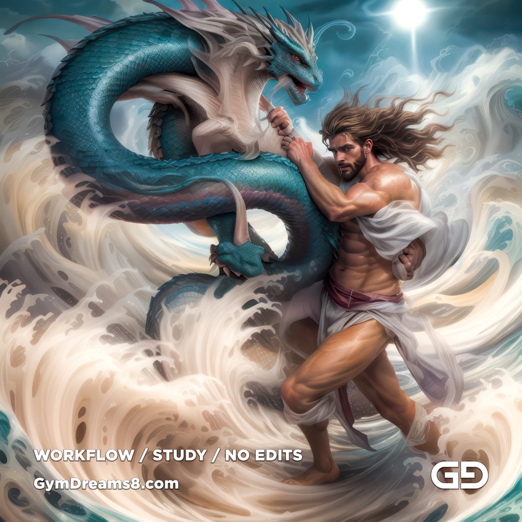 Young Poseidon wrestling a sea dragon. Photorealistic paintings, Stable Diffusion with Airfuck’s Brute Mix and Line Art Control Net.