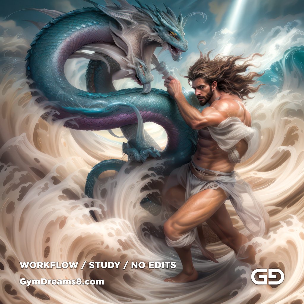 Young Poseidon wrestling a sea dragon. Photorealistic paintings, Stable Diffusion with Airfuck’s Brute Mix and Line Art Control Net.