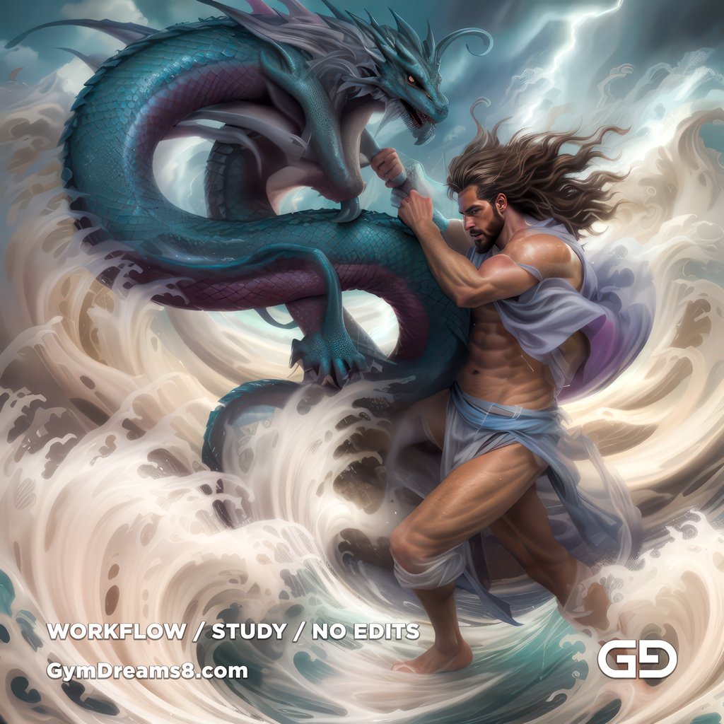 Young Poseidon wrestling a sea dragon. Photorealistic paintings, Stable Diffusion with Airfuck’s Brute Mix and Line Art Control Net.