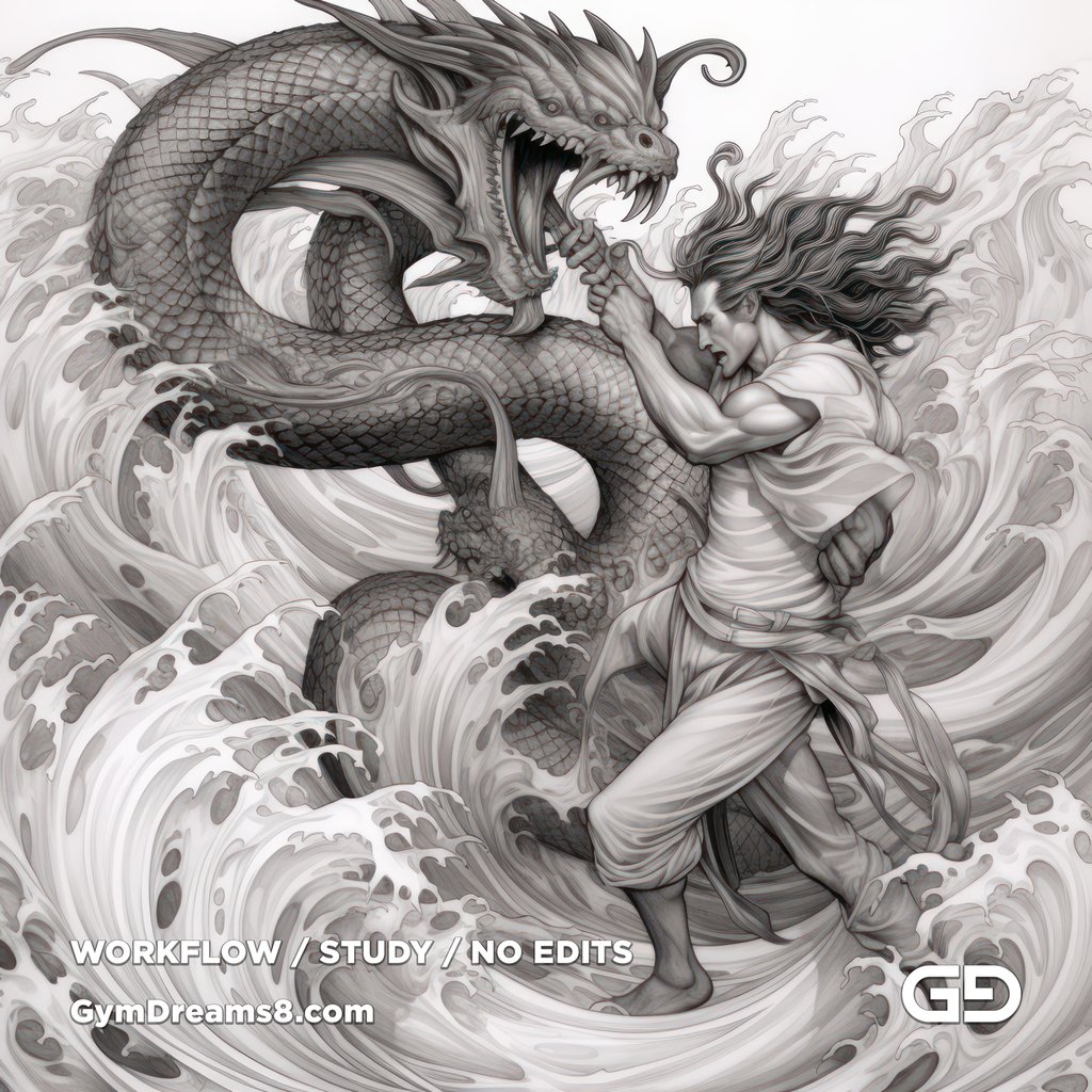 Young Poseidon wrestling a sea dragon. Black and white drawing by J.C. Leyendecker and Artgerm, Midjourney v5.2