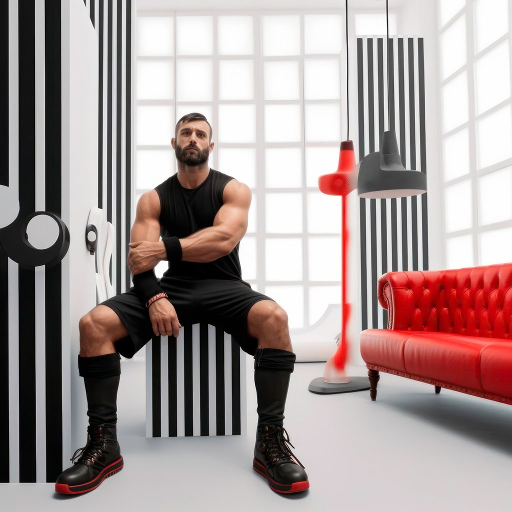 Red Stripe, Composition of bearded man with red stripes, with Midjourney Image Prompts