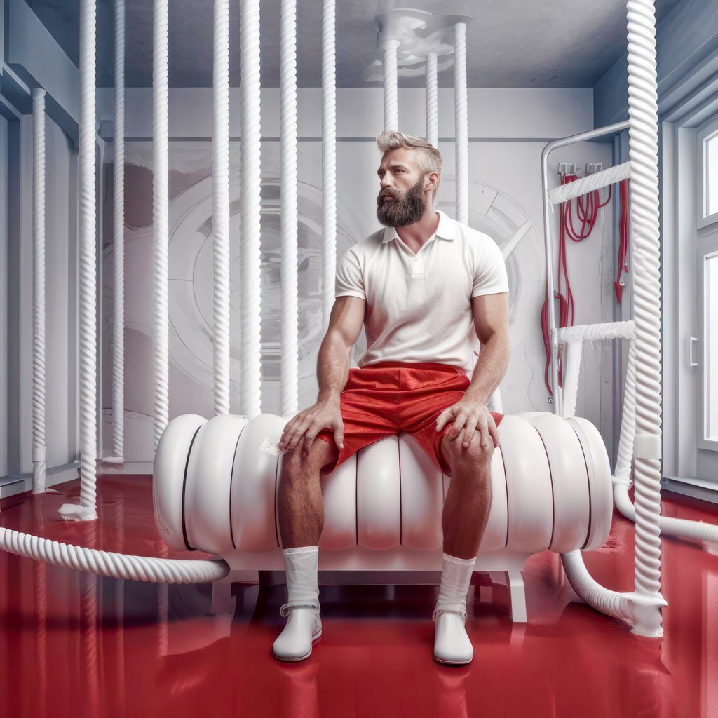 Red Stripe, Composition of bearded man with red stripes, with Midjourney Image Prompts