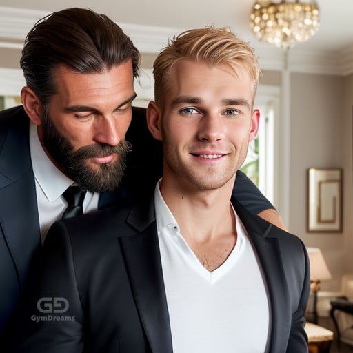 Dad and Boy, fully covered (safe), created with Stable Diffusion with Regional Prompter.