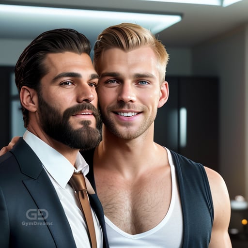 Dad and Boy, fully covered (safe), created with Stable Diffusion with Regional Prompter.