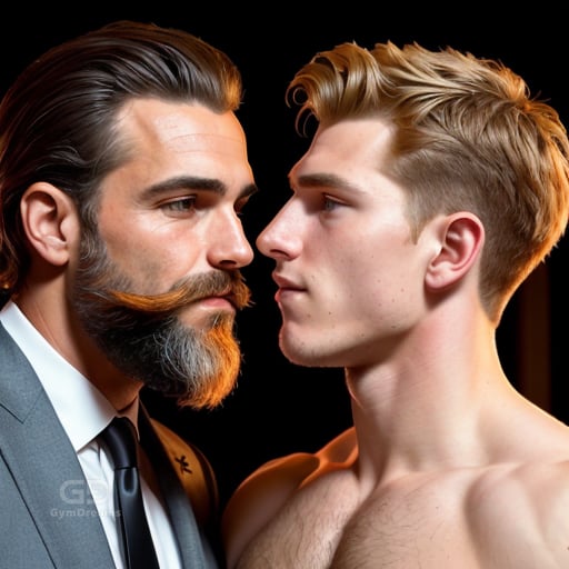 Dad and Boy, fully covered (safe), created with Stable Diffusion with Regional Prompter.