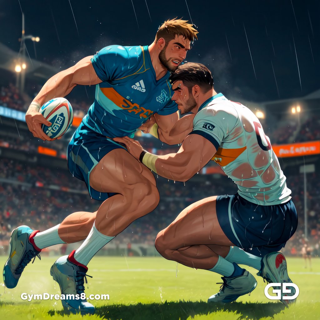 Rugby, Suddenly Gay. Sweat. Rain. Tackle, created with Stable Diffusion and Virile Animation.
