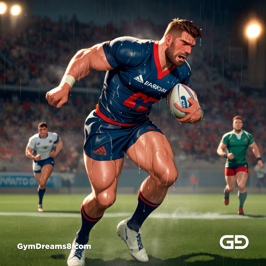 Rugby, Suddenly Gay. Sweat. Rain. Tackle, created with Stable Diffusion and Virile Animation.
