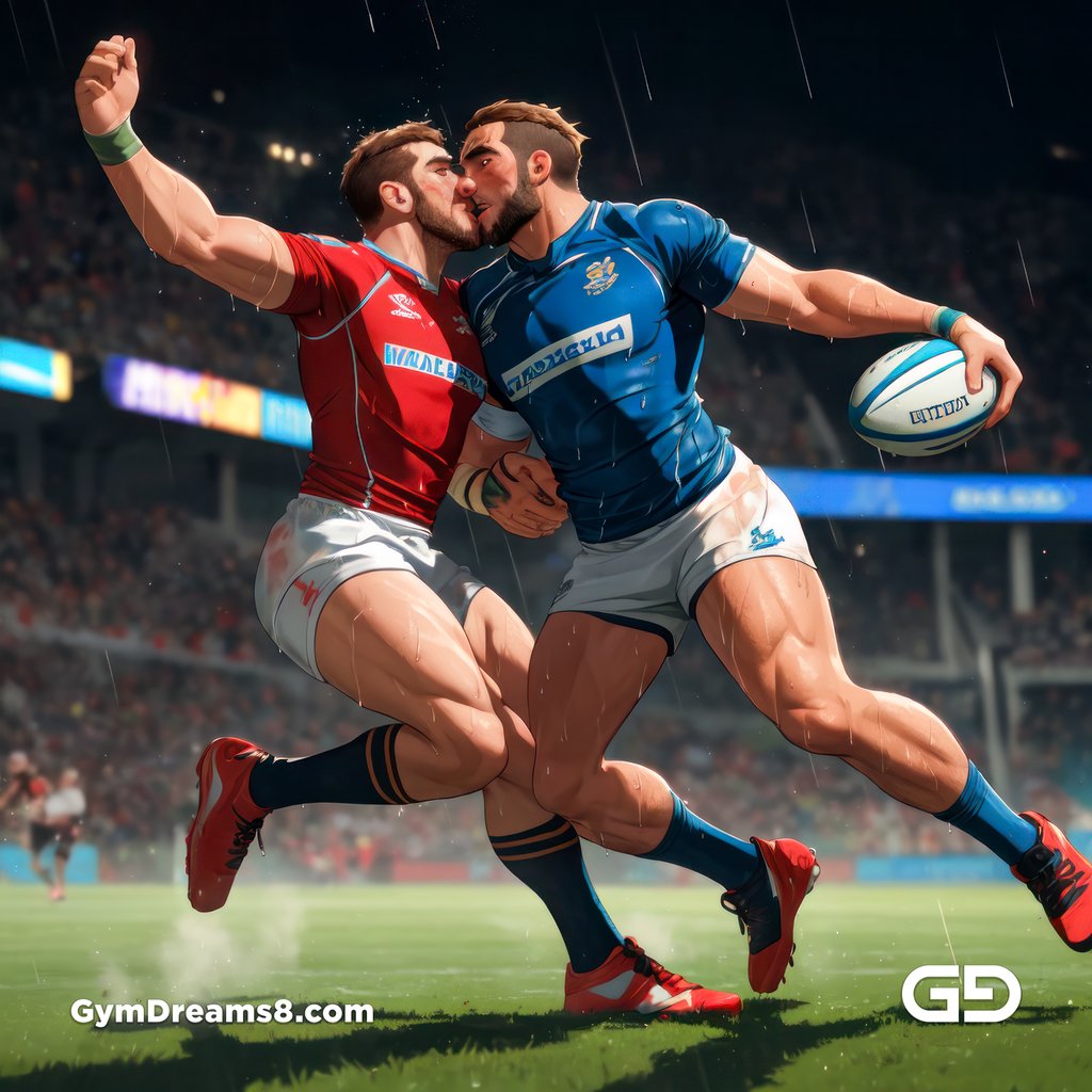 Rugby, Suddenly Gay. Sweat. Rain. Tackle, created with Stable Diffusion and Virile Animation.