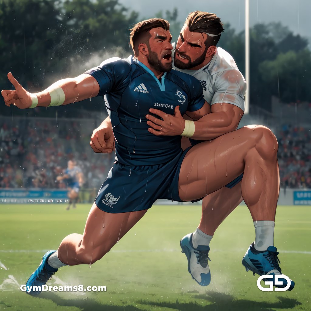 Rugby, Suddenly Gay. Sweat. Rain. Tackle, created with Stable Diffusion and Virile Animation.