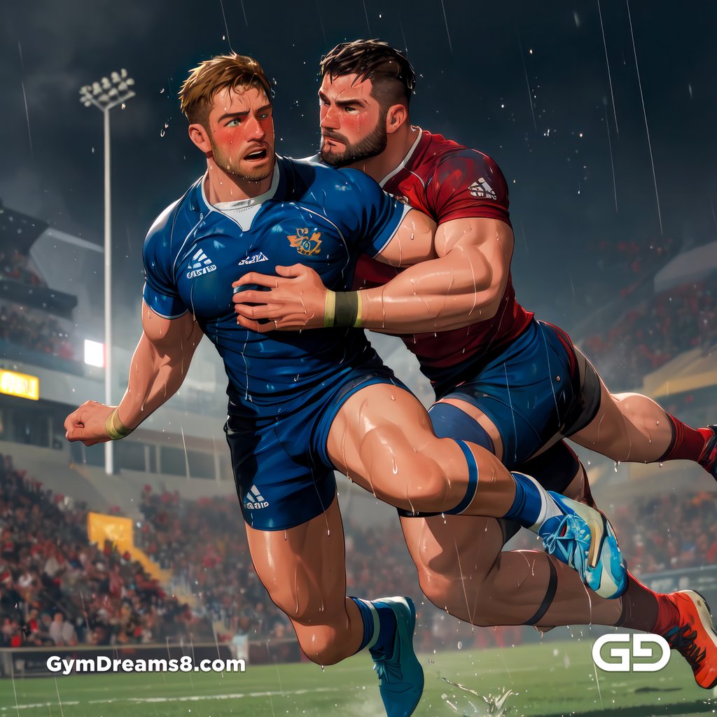 Rugby, Suddenly Gay. Sweat. Rain. Tackle, created with Stable Diffusion and Virile Animation.