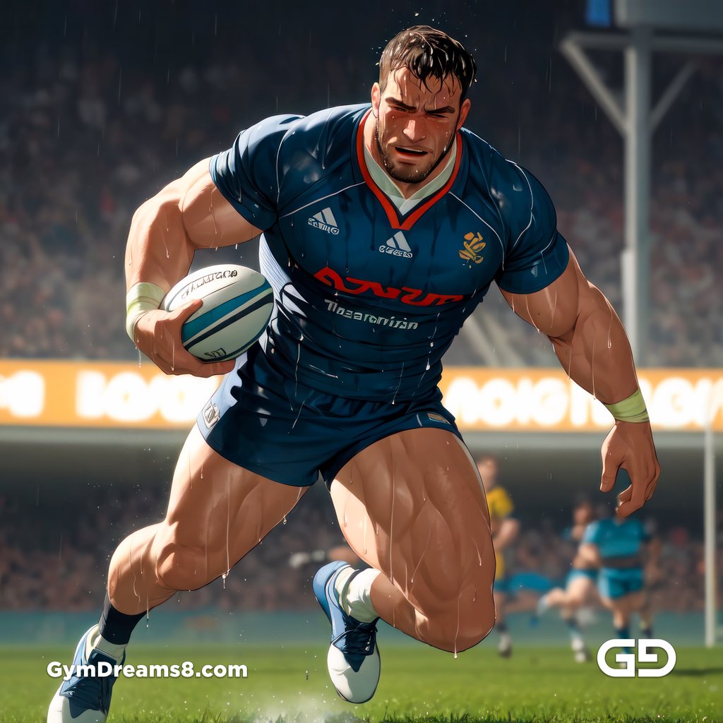 Rugby, Suddenly Gay. Sweat. Rain. Tackle, created with Stable Diffusion and Virile Animation.