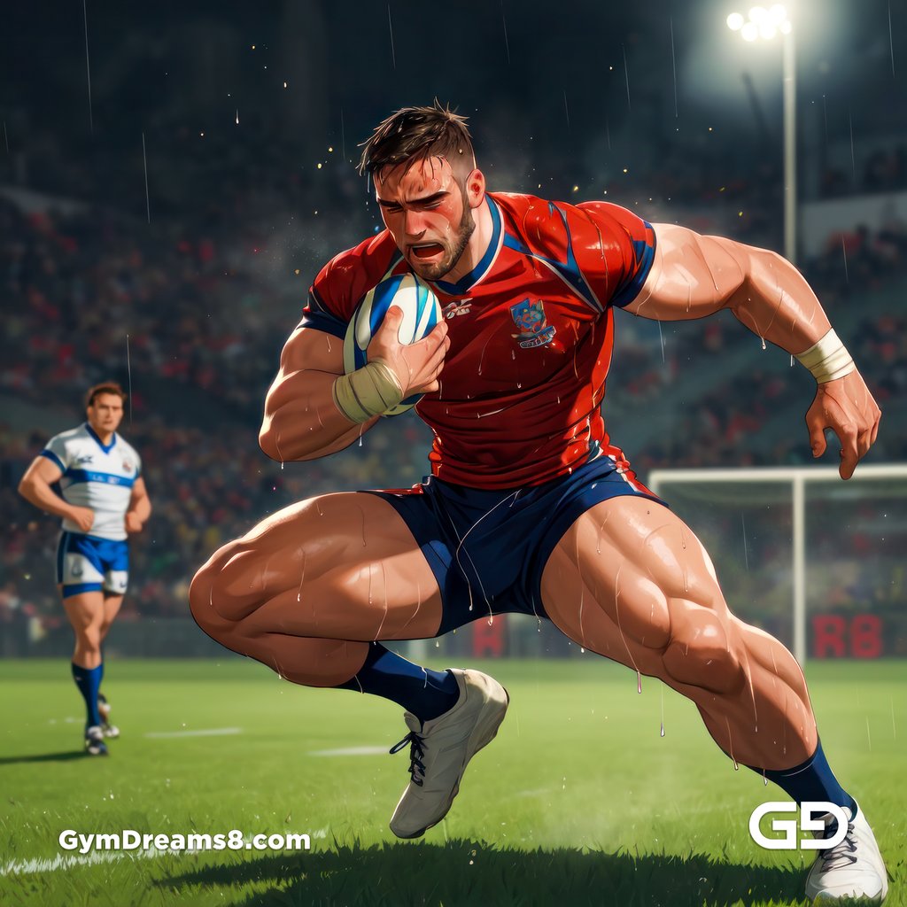 Rugby, Suddenly Gay. Sweat. Rain. Tackle, created with Stable Diffusion and Virile Animation.