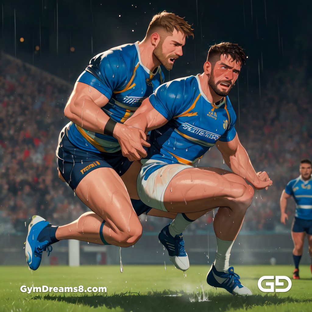 Rugby, Suddenly Gay. Sweat. Rain. Tackle, created with Stable Diffusion and Virile Animation.
