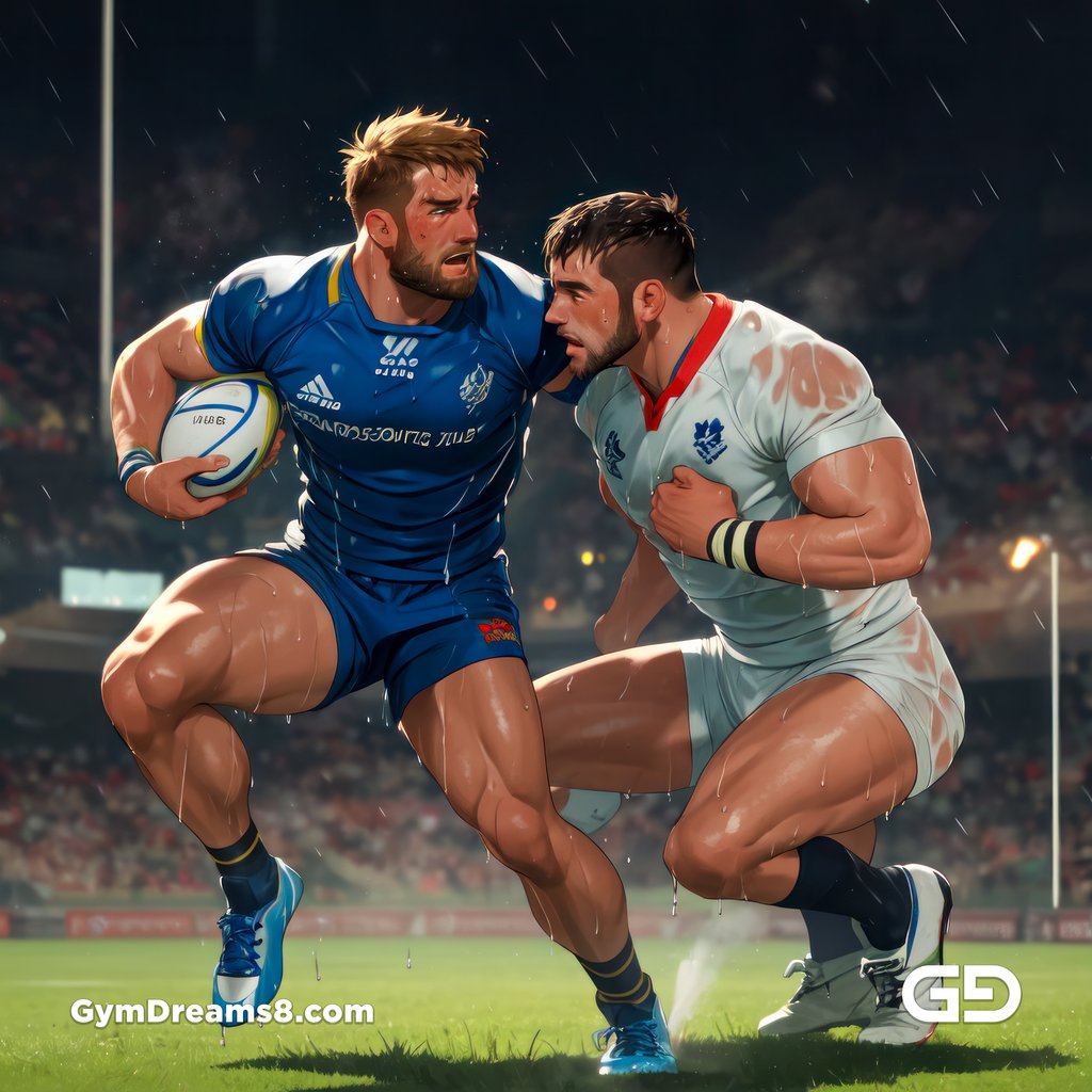 Rugby, Suddenly Gay. Sweat. Rain. Tackle, created with Stable Diffusion and Virile Animation.