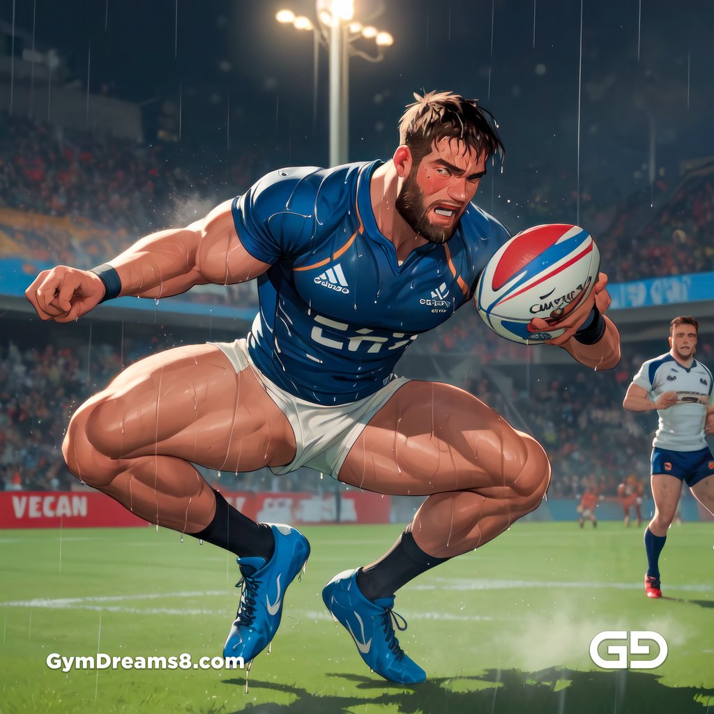 Rugby, Suddenly Gay. Sweat. Rain. Tackle, created with Stable Diffusion and Virile Animation.