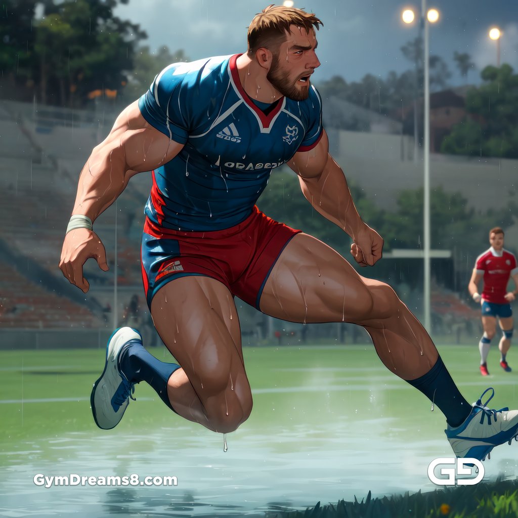 Rugby, Suddenly Gay. Sweat. Rain. Tackle, created with Stable Diffusion and Virile Animation.