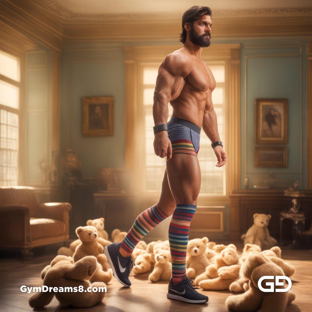 Rugby, Teddy, Stripes. Men in long rugby socks with teddy bears. Rendered in Stable Diffusion with SDXL.