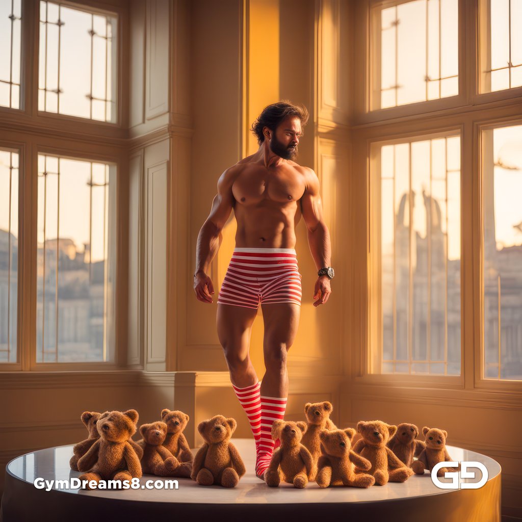 Rugby, Teddy, Stripes. Men in long rugby socks with teddy bears. Rendered in Stable Diffusion with SDXL.