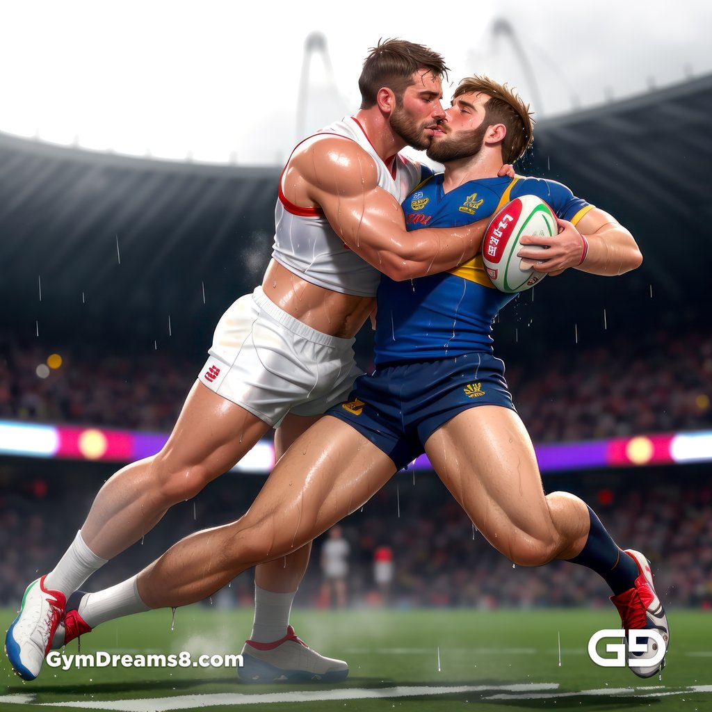 Rugby Match, Suddenly Gay. Sweat. Rain. Tackle, created with Stable Diffusion and Virile Fusion