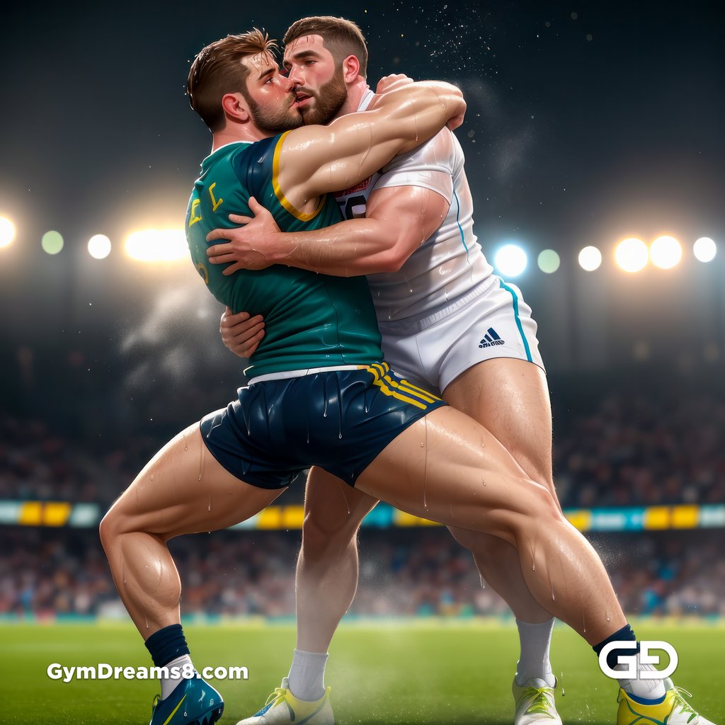 Rugby Match, Suddenly Gay. Sweat. Rain. Tackle, created with Stable Diffusion and Virile Fusion