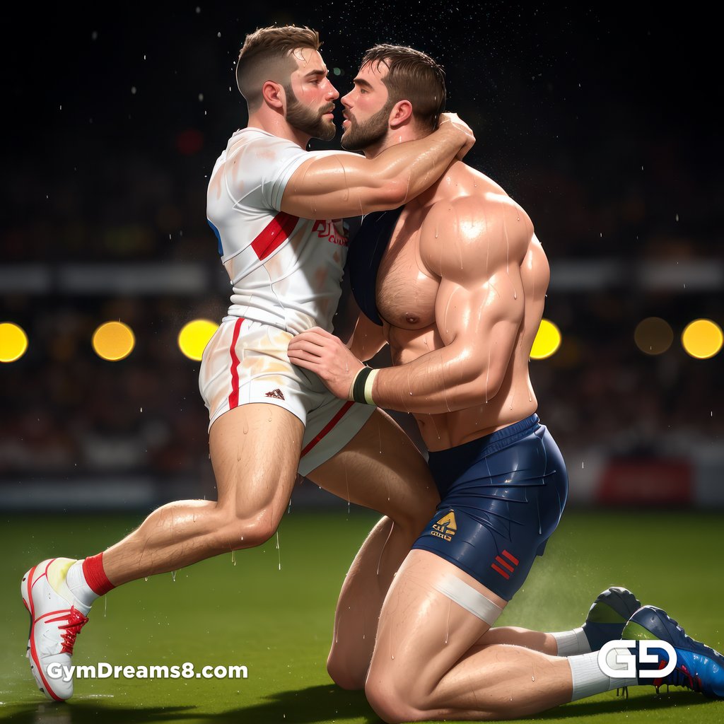 Rugby Match, Suddenly Gay. Sweat. Rain. Tackle, created with Stable Diffusion and Virile Fusion