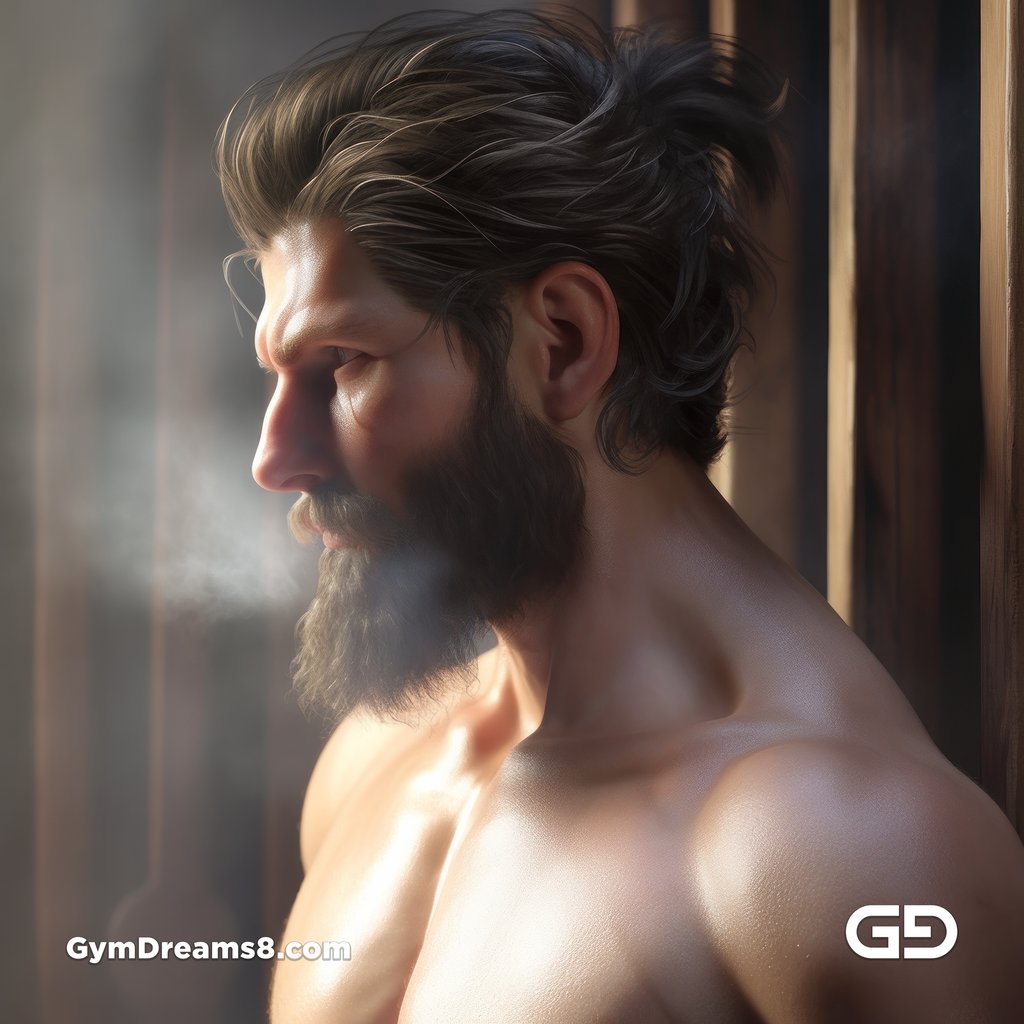 Muscular man in a sauna, created with Midjourney