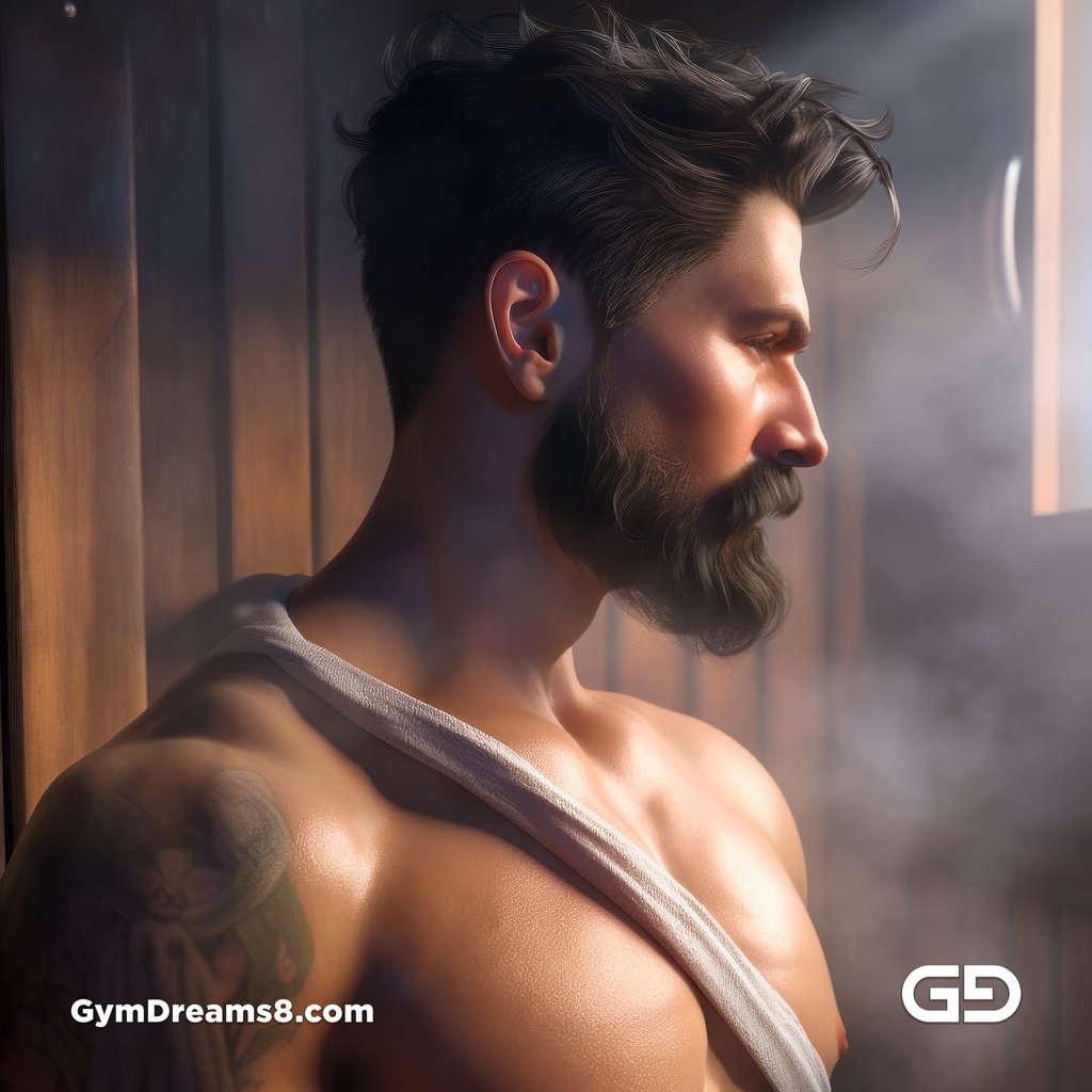 Muscular man in a sauna, created with Midjourney