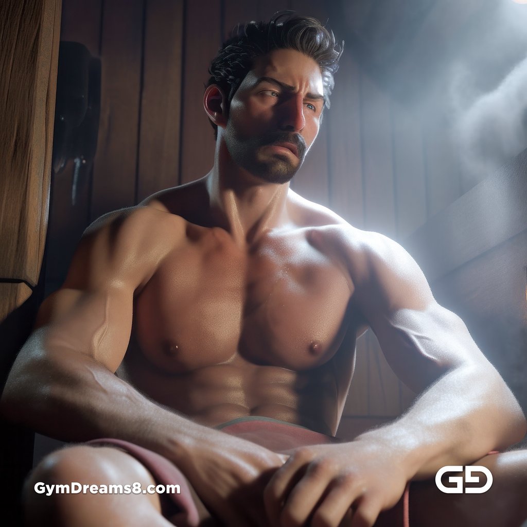 Muscular man in a sauna, created with Midjourney