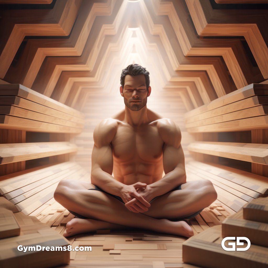 Muscular man in a sauna, created with Midjourney