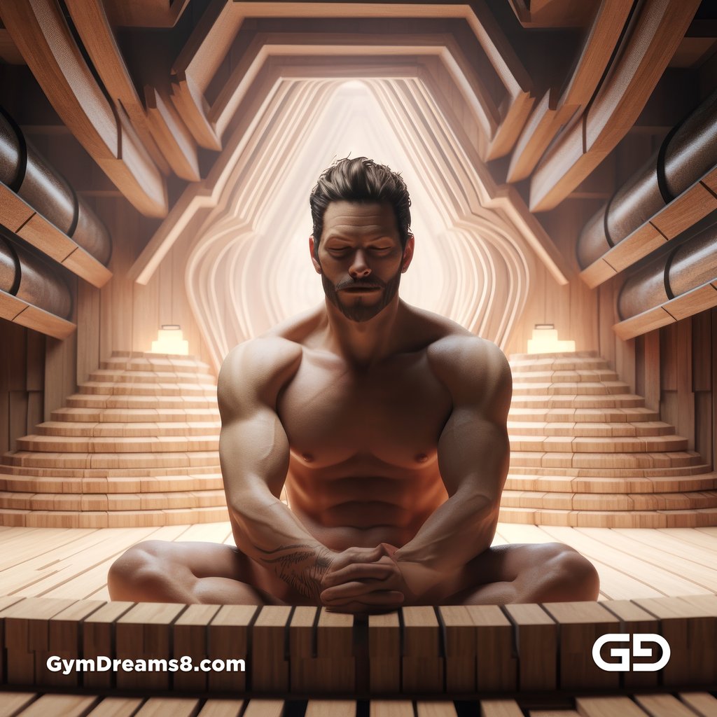 Muscular man in a sauna, created with Midjourney