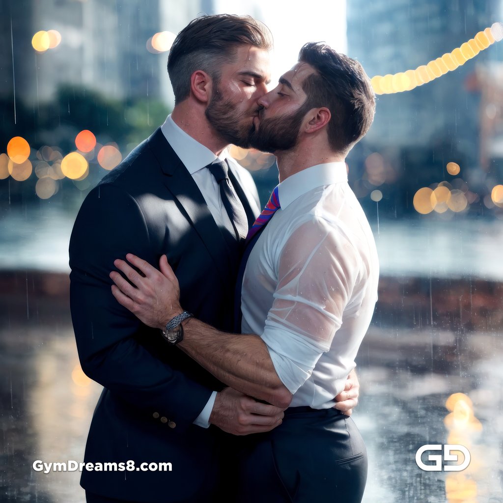 Kissing in the rain, created with Virile Reality and Stable Diffusion.