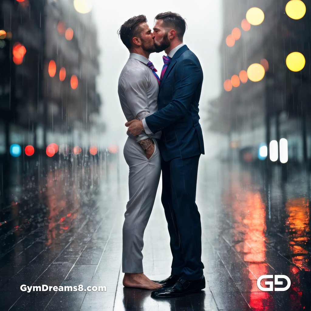 Kissing in the rain, created with Virile Reality and Stable Diffusion.