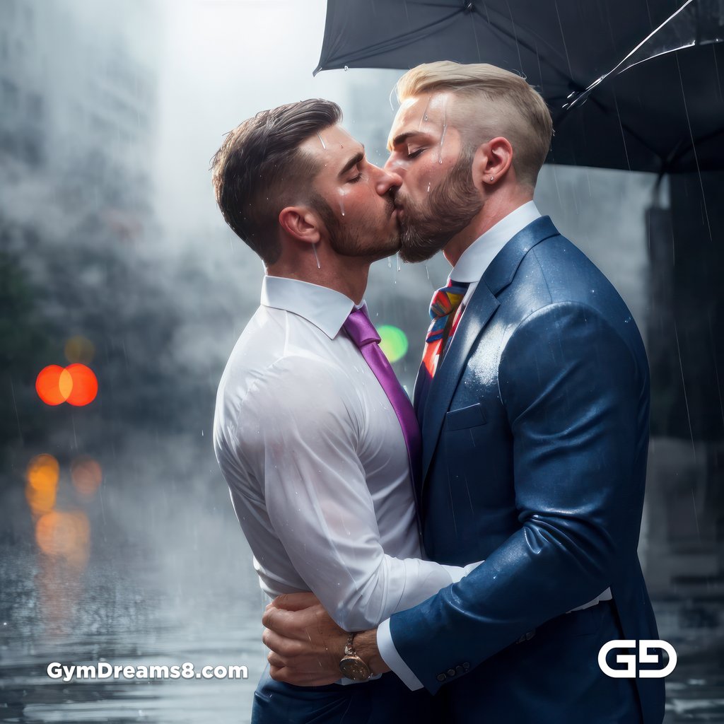 Kissing in the rain, created with Virile Reality and Stable Diffusion.