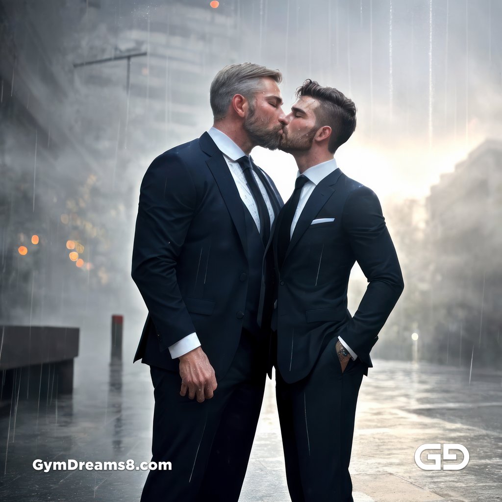 Kissing in the rain, created with Virile Reality and Stable Diffusion.