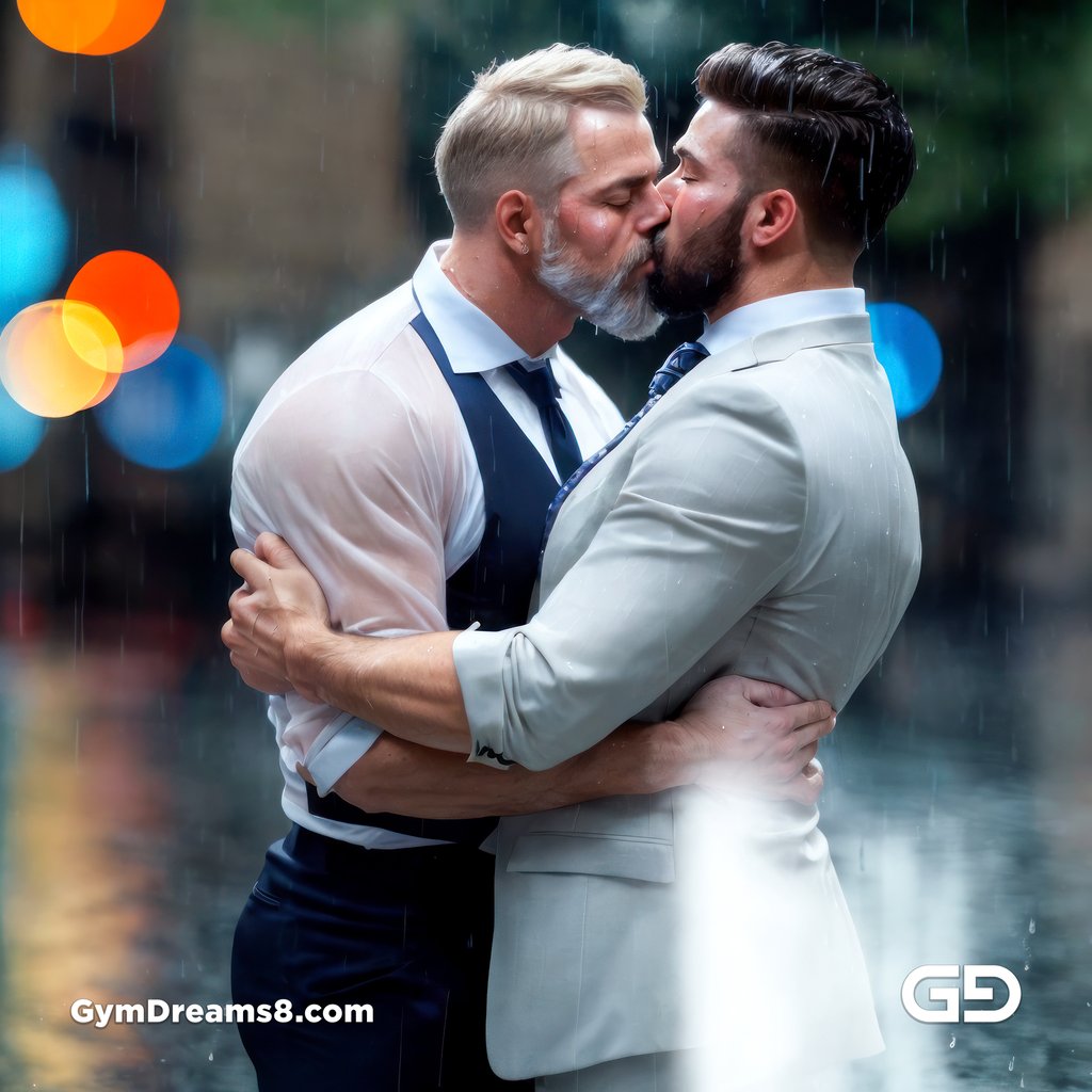 Kissing in the rain, created with Virile Reality and Stable Diffusion.